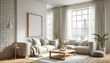 minimalist living room bathed in natural light from a large window. Frame mockup, Living room wall poster mockup. Interior mockup with house background. Modern interior design. 