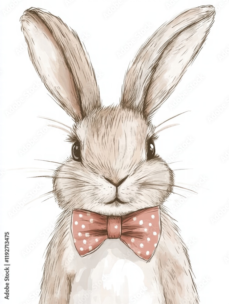 Poster illustrated rabbit wearing a polka dot bow tie with a cheerful expression in a simple background. ge