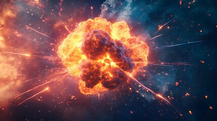 Obraz premium A conceptual image blending the process of nuclear fission with an artistic interpretation of atomic particles colliding and splitting, with radiant energy beams and colorful force lines illustrating 