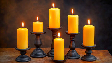 Bright yellow candles arranged on elegant black holders create a warm and inviting atmosphere in a dimly lit room
