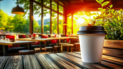Hot beverage captured in a cozy cafe with a sunlit outdoor view during late afternoon