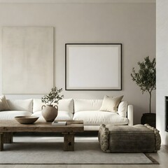 minimalist living room bathed in natural light from a large window. Frame mockup, Living room wall poster mockup. Interior mockup with house background. Modern interior design. 