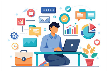 A man wotking in laptop and recharce data analyst leverages charts and graphs to identify trends flat icon vector .driving actionable insights for business growth and trend optimization.