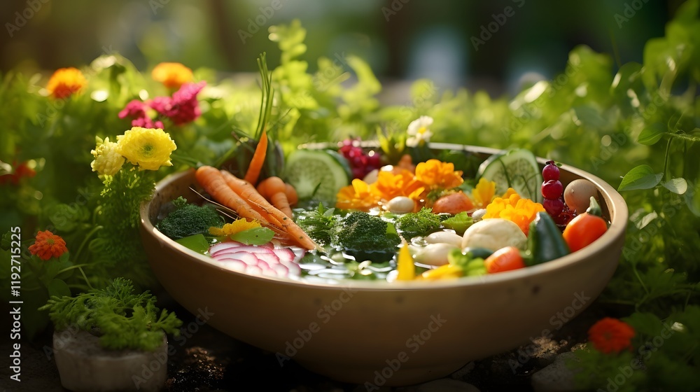 Poster a close up shot of a bowl of bonsai soup showcasing a variety of fresh herbs and colorful vegetables