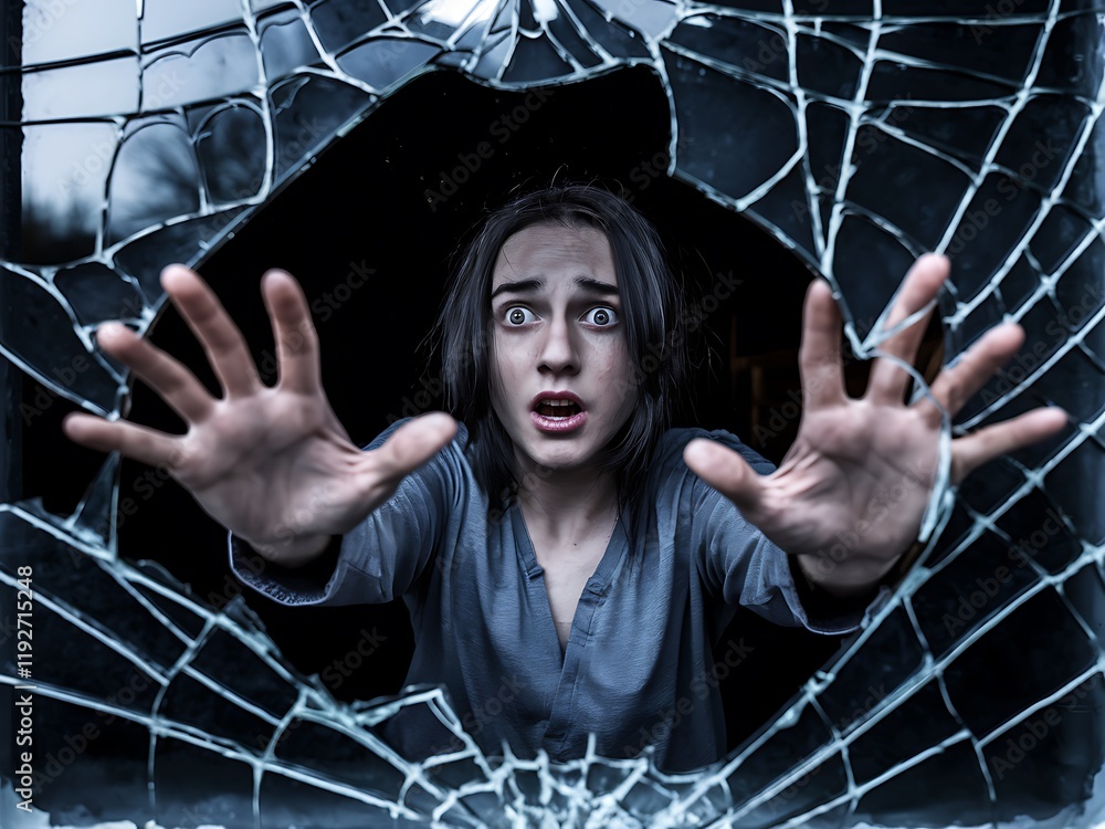 Poster emotive image of a face seen through shattered glass, with outstretched hands and upward-facing palm