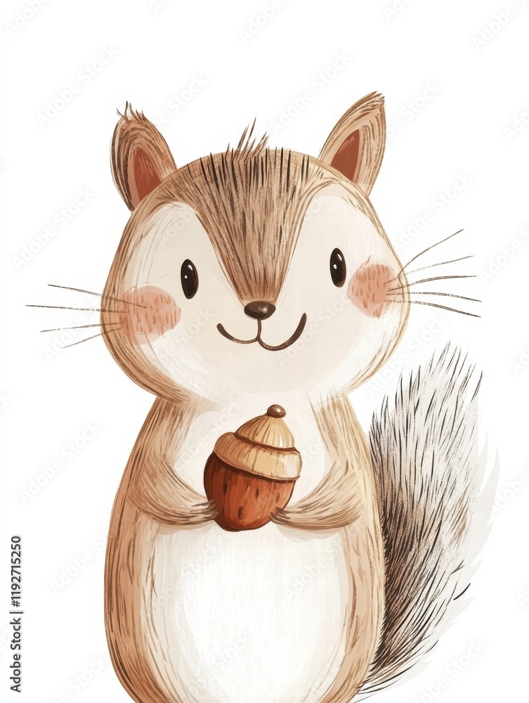 Aufkleber squirrel holding an acorn with a cheerful expression in a whimsical illustration style. generative a