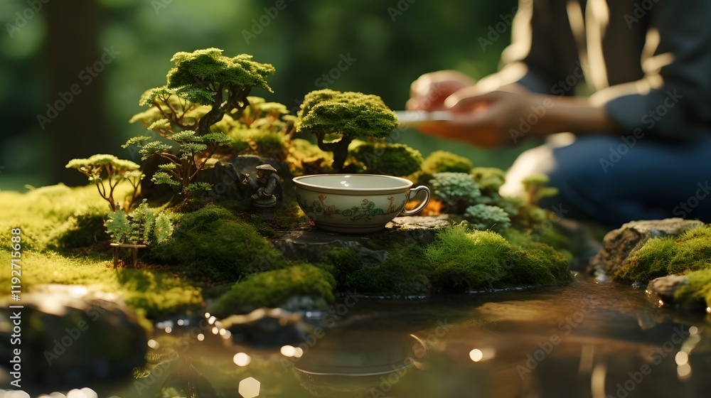 Poster indulging in a bowl of aromatic bonsai soup while immersed in the tranquil beauty of a serene garden