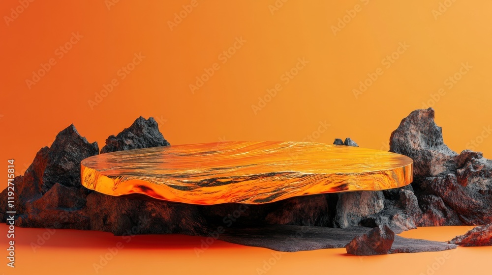 Poster abstract orange platform with rock elements illustrating futuristic concepts
