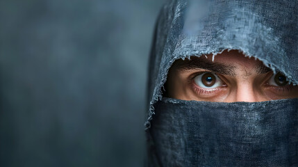 Mysterious man, hooded face, intense gaze, dark background, studio shot. Possible use thriller movie poster, suspense novel cover