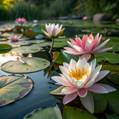 pink water lilies in pound
