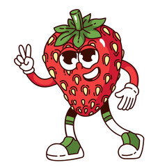 Groovy strawberry cartoon character showing gesture of peace. Funny retro personage with hippie sign. Berry fruit mascot, cartoon quirky strawberry sticker of 70s 80s style vector illustration