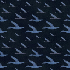 Flying birds, gees seamless pattern on dark blue background. High quality hand-drawn watercolor simple flat illustration for landscapes, scrapbooking, wrapping paper, textile, souvenirs decor design