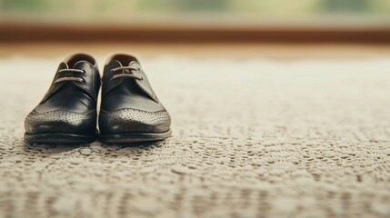 Elegant Black Shoes on a Textured White Carpet in a Bright Room