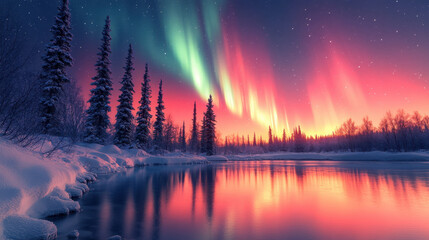 aurora borealis illuminates serene winter landscape, reflecting vibrant colors in calm river surrounded by snow covered trees. This breathtaking scene captures beauty of nature