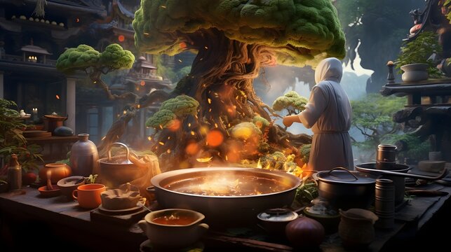 A skilled chef meticulously prepares a nourishing bonsai soup in a vibrant well equipped kitchen showcasing the art of culinary craftsmanship and the delectable flavors of this unique dish