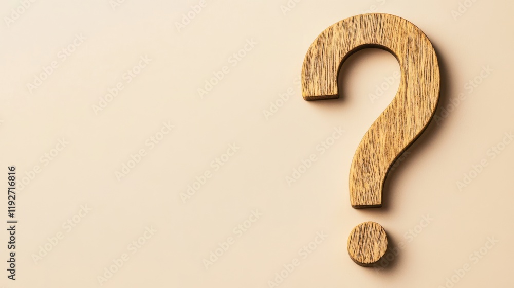 Poster wooden question mark on neutral background symbolizing inquiry and curiosity in learning, thinking, 