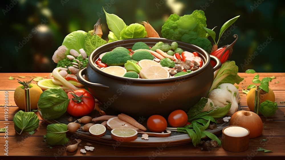 Poster a clay pot filled with aromatic bonsai soup surrounded by an array of fresh culinary ingredients for