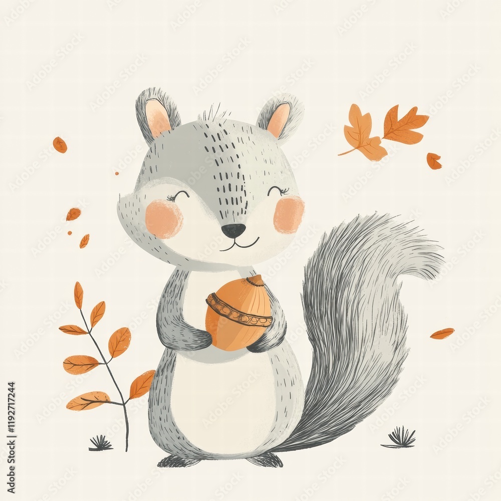 Poster cute squirrel holding an acorn surrounded by autumn leaves in a playful illustration style. generati