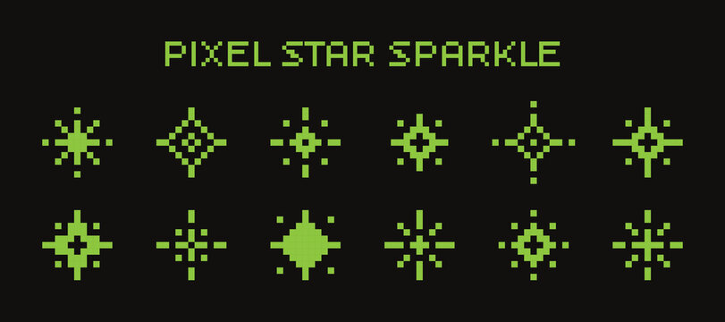 Collection of pixel star sparkle icons in a bright green color on a black background. 8 bit shiny game pixel art effect. Y2K stars in retro style. Vector illustration 