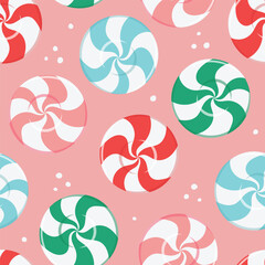 Seamless pattern with colorful mint candy, traditional lollipop sweets. Hand drawn vector illustration