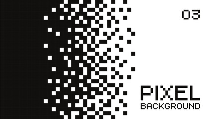 Minimalistic pixelated black and white background with a smooth gradient transition placed horizontally. Illustration disintegrates or dissolves to the pixel. Vector illustration 
