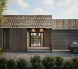 Modern luxury villa exterior in minimal scandinavian style, 3d render