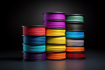 Multicolored plastic filament spools arranged on a dark background, ready for 3d printing