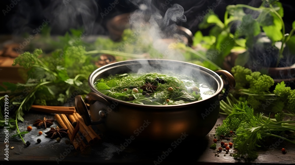 Poster steaming pot of bonsai soup surrounded by an array of fresh herbs and aromatic spices creating a coz