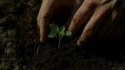 Fototapeta premium A hands gently pressing a green seedling, person holding a leaf in the forest, hand holding a leaf, plant in hand