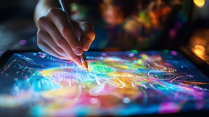 Naklejka premium A close-up of a businesswoman’s hands drawing a digital concept on a tablet screen, with vibrant abstract patterns and business-related symbols appearing around her. The image captures the intersectio