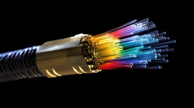 A close-up of a fiber optic cable emitting colorful light streams, representing technological innovation and the future of high-speed connectivity. The design highlights the transformative impact 