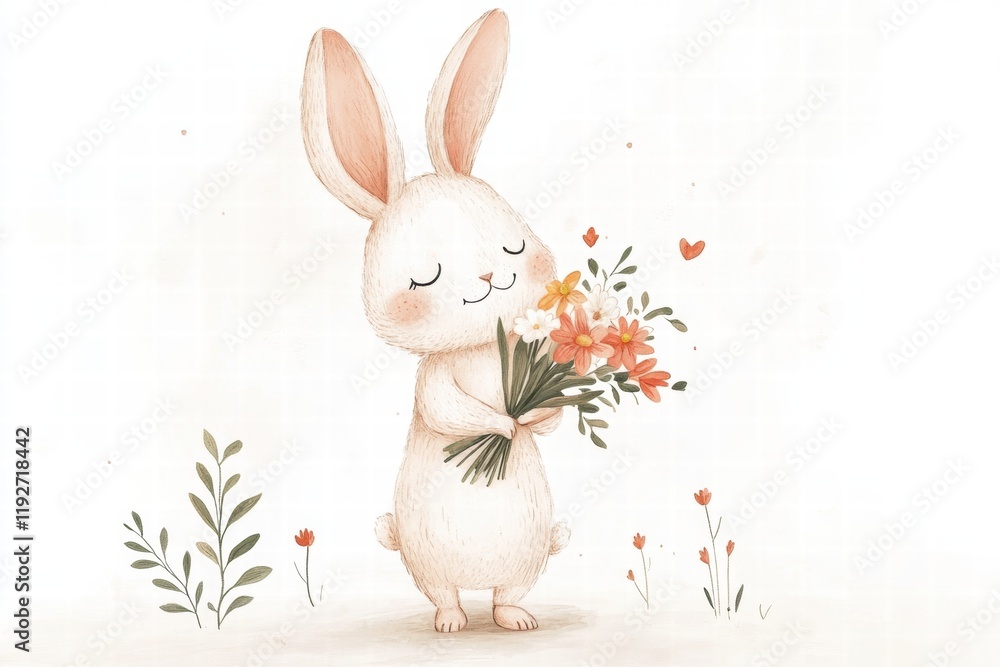 Poster cute rabbit holding a bouquet of flowers surrounded by small plants in a cheerful spring setting. ge