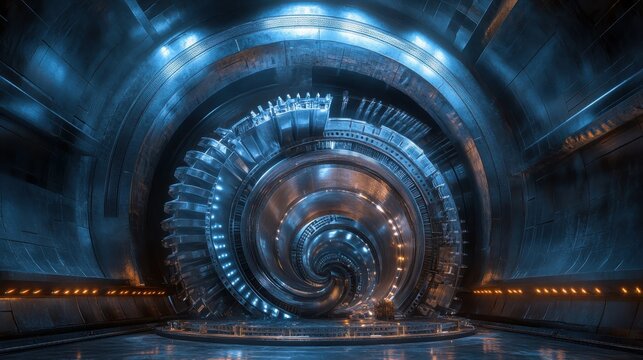 Turbine manufacturing process with intricate engineering systems on industrial backdrop, turbine technology theme