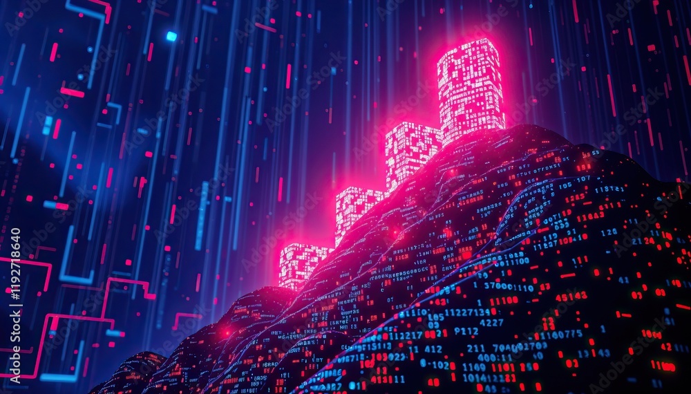 Poster futuristic cityscape rising from digital terrain glowing with matrix code