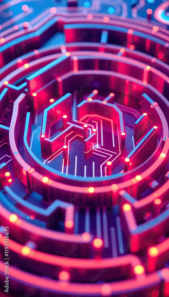 Poster Abstract futuristic maze technology background with glowing circuits and data streams