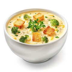 A bowl of creamy broccoli cheddar soup with croutons and parsley garnish, isolated white background, realistic art style