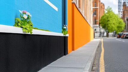 Vibrant city wall art cheerfully displays potted flowers under bright sunlight. AI Generated