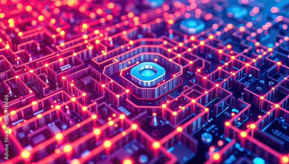Poster Abstract futuristic tech background with glowing circuit board and digital matrix code