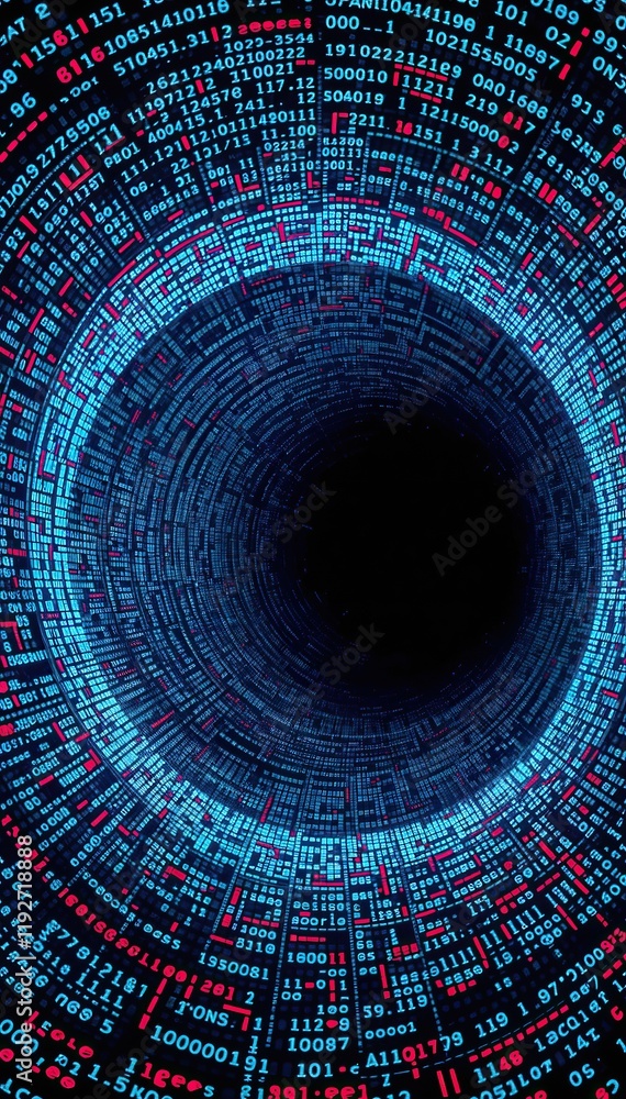 Poster Abstract futuristic tech background with swirling matrix codes and data streams