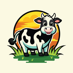 Vintage Cartoon Cow Logo T-Shirt Design – Retro Farm Milk Mascot Illustration.