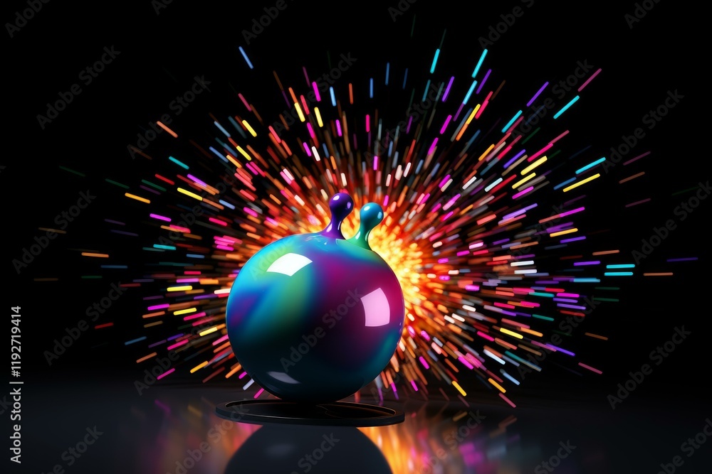 Poster abstract 3d rendering of a colorful sphere with two antennas, emanating dynamic, vibrant light strea