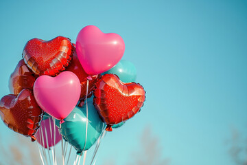 Heart-Shaped Balloons Floating in Blue Sky