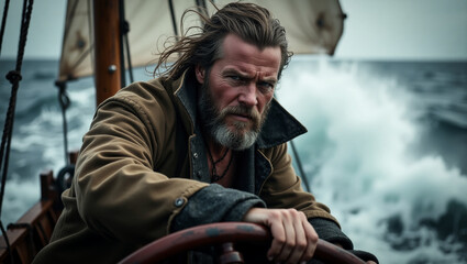 Obraz premium A sailor navigating with his boat on a stormy sea