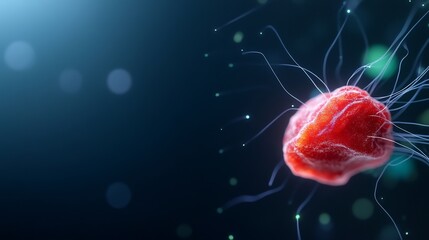 Intricate glowing cell dramatically floats in deep blue background. AI Generated