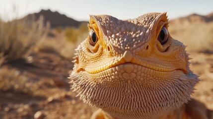 Close-up of a bearded dragon in a desert.