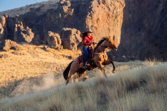 A cowgirl in a red shirt and cowboy hat rides a galloping horse up a grassy hill with rugged cliffs in the background, Idaho, USA