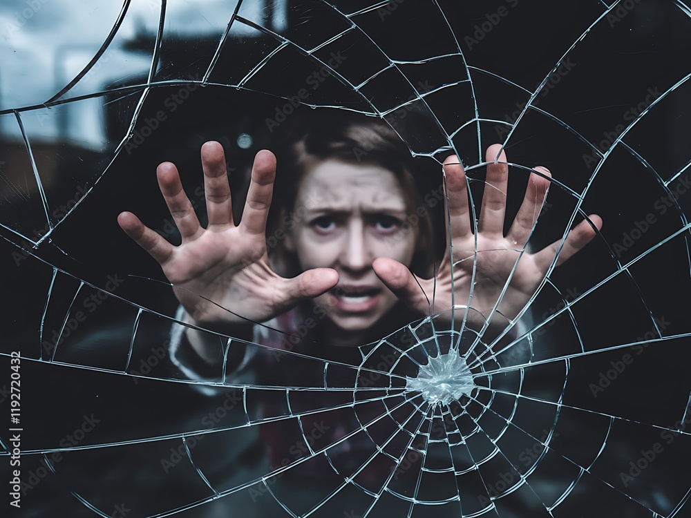 Poster emotive image of a face seen through shattered glass, with outstretched hands and upward-facing palm