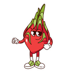 Groovy dragon fruit cartoon character standing with happy expression. Funny retro exotic dessert personage. Fruit mascot, cartoon tropical red pitaya sticker of 70s 80s style vector illustration