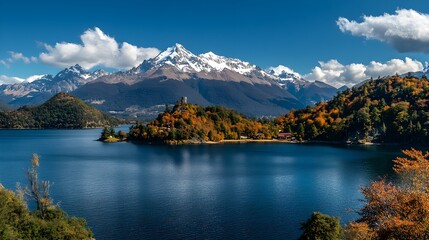 A stunning mountain landscape with snow-capped peaks, vibrant autumn foliage, and a serene lake, representing the awe-inspiring scenery of a peaceful travel destination. 