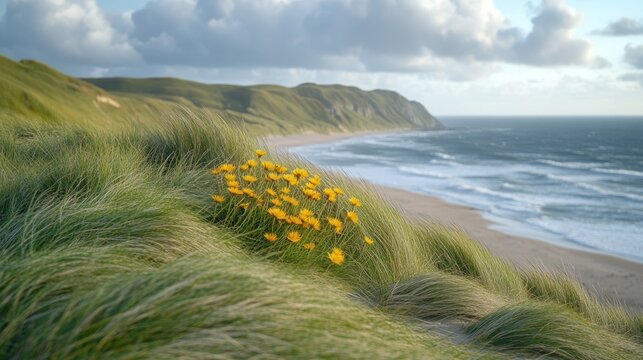 Coastal dunescape with yellow wildflowers and ocean waves. - Powered by Adobe